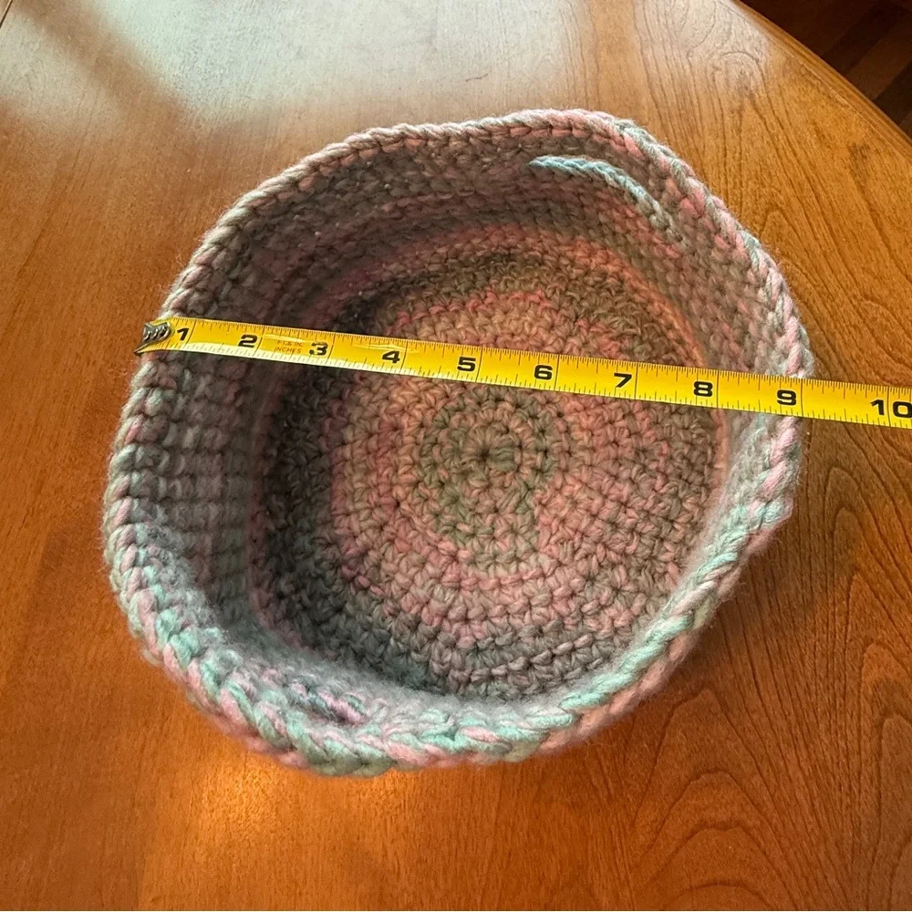 Handmade Crochet Basket With Handles. Pink, Green and Cream. Storage, Gifting.